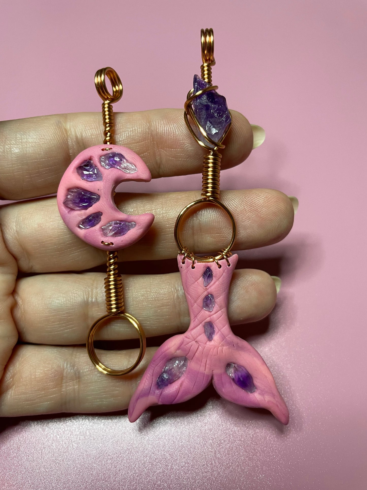 Mermaid Tail & Moon with Amethyst Multifunctional Pendants