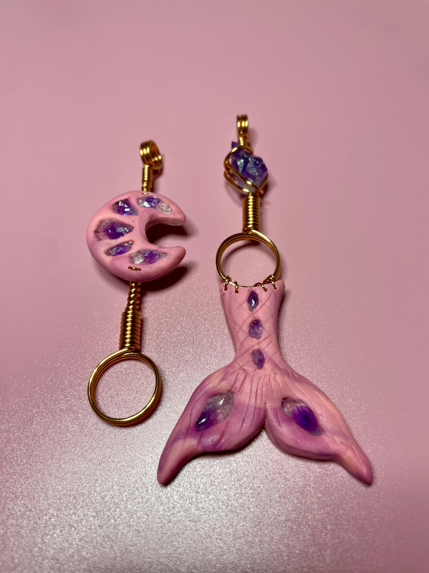 Mermaid Tail & Moon with Amethyst Multifunctional Pendants